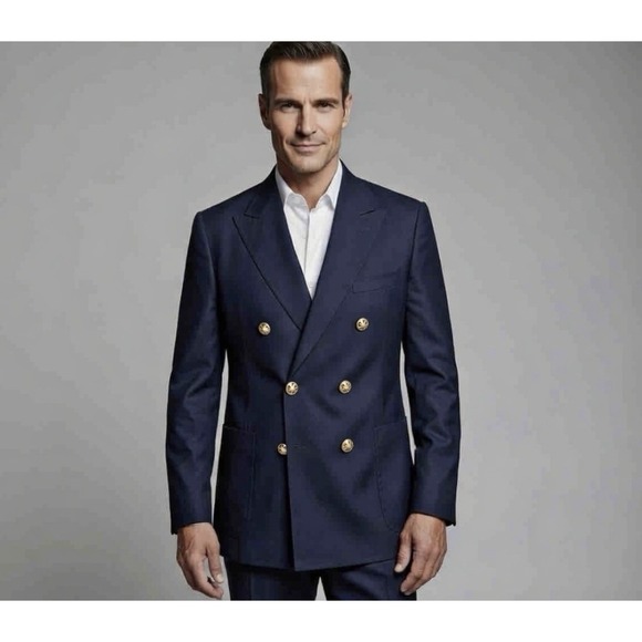 VTG Double Breasted Wool Blazer 48R Gold Button Blue Sport Coat Mitchell Daroff